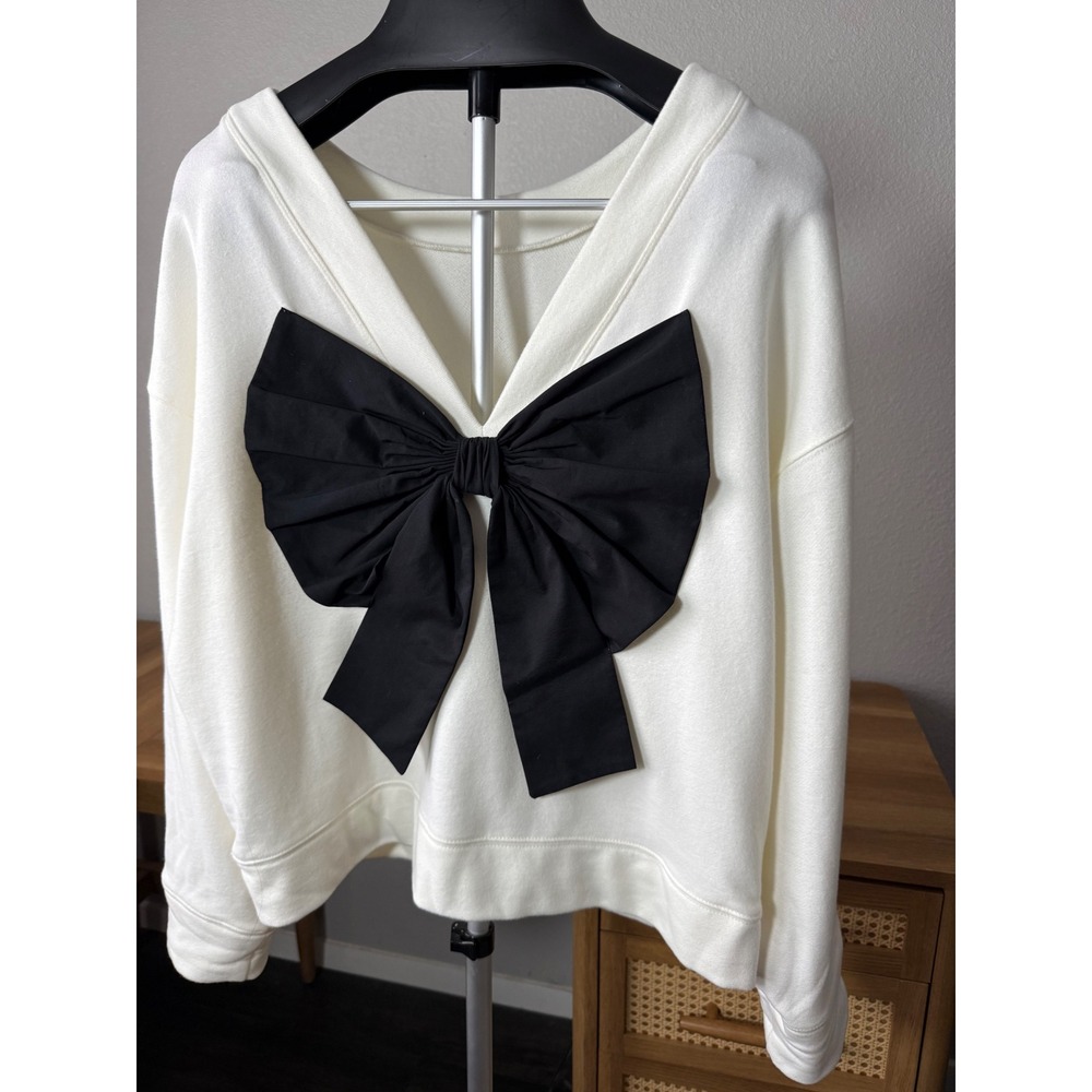 ON-34TH Womens Cream Sweatshirt Oversized Black Back Bow Pullover Large - Picture 10 of 10